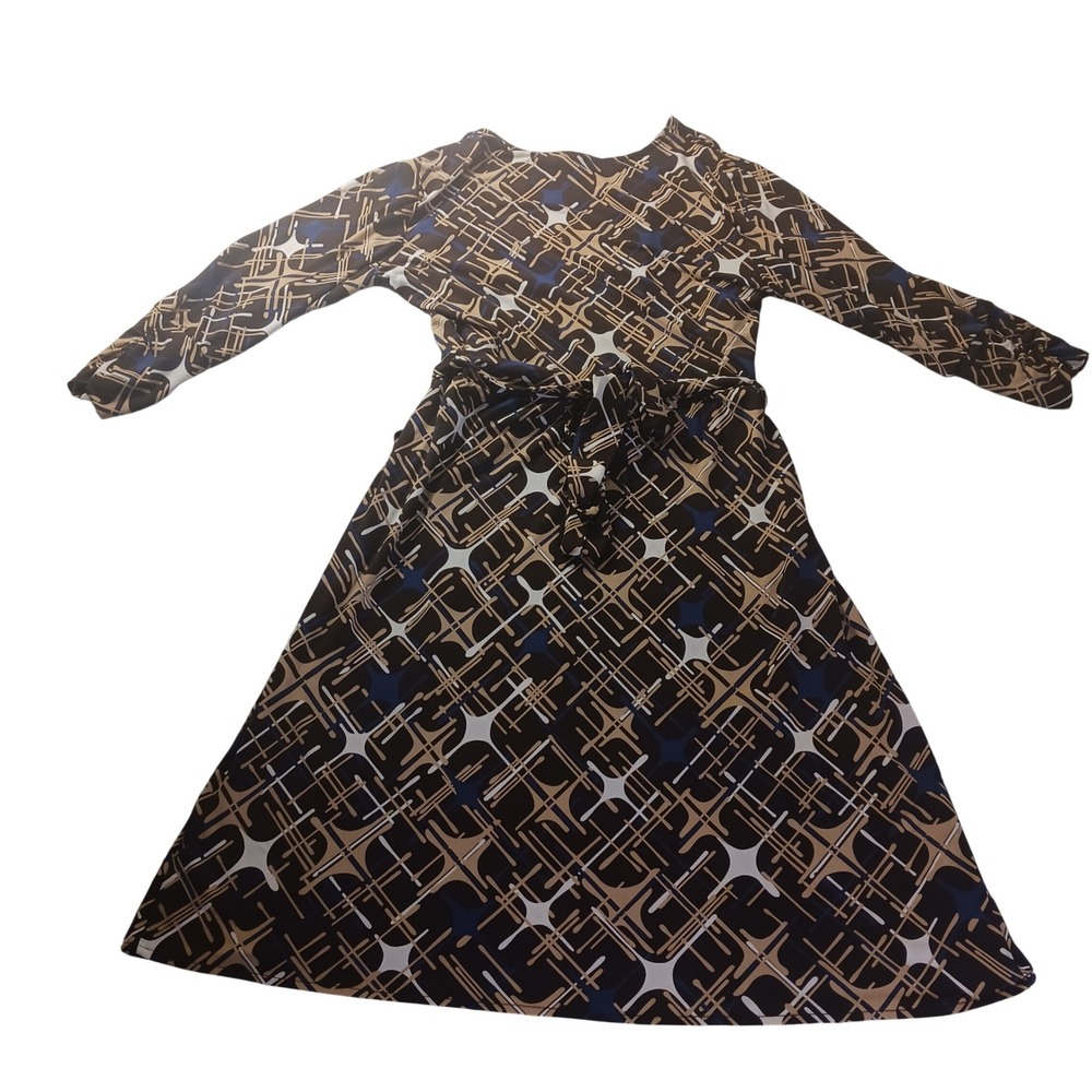 New York & Company Faux Wrap Dress Womens Large Brown Blue Geometric 3/4 Sleeve - Picture 7 of 8